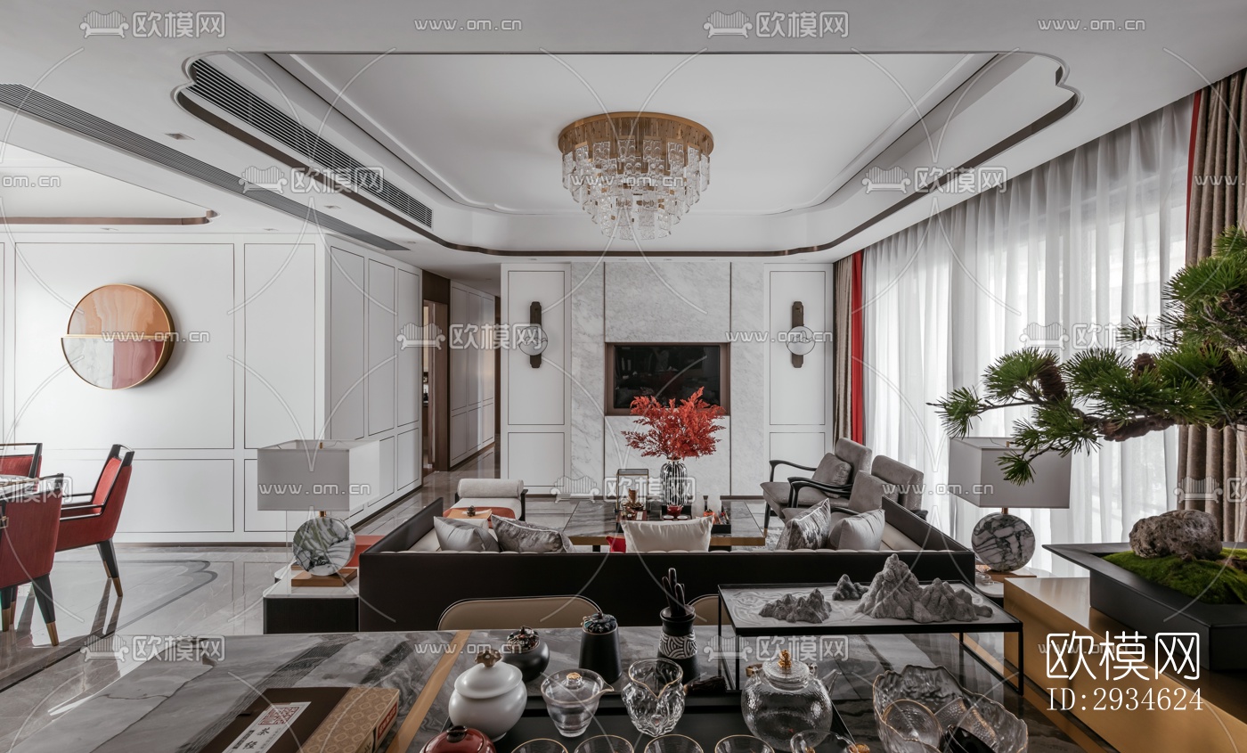 新中式平层效果图下载（渲染图3）