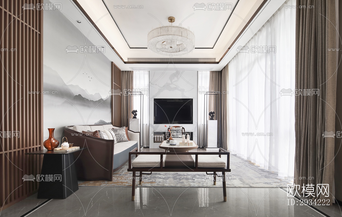 新中式复式效果图下载（渲染图1）