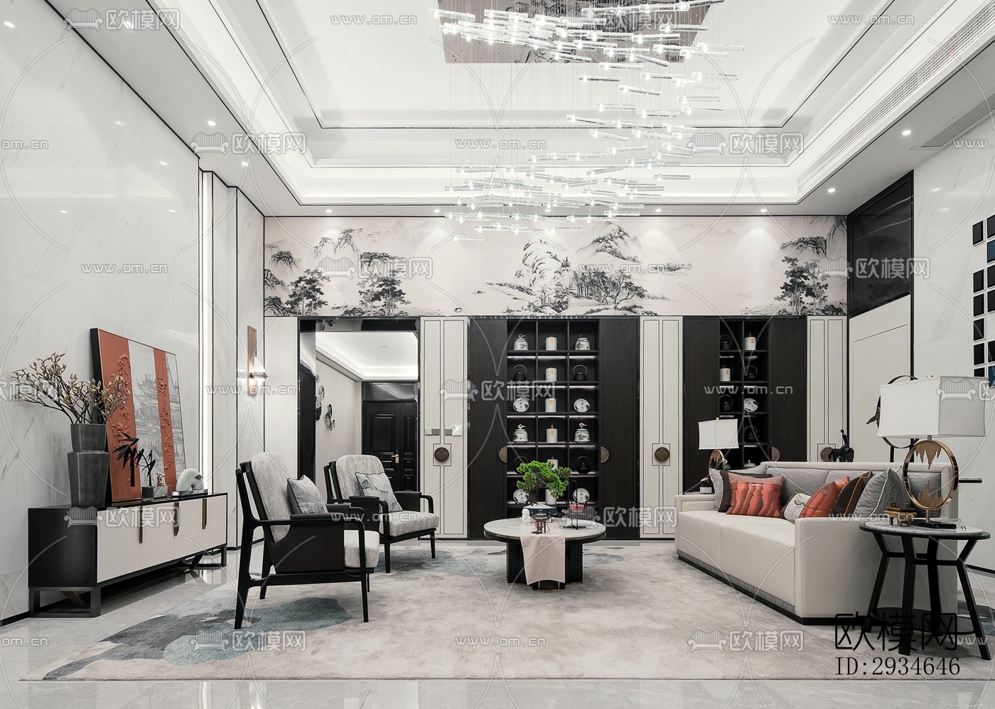 新中式平层效果图下载（渲染图9）