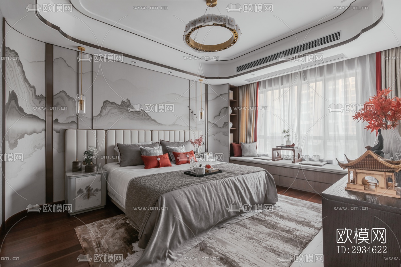 新中式平层效果图下载（渲染图1）