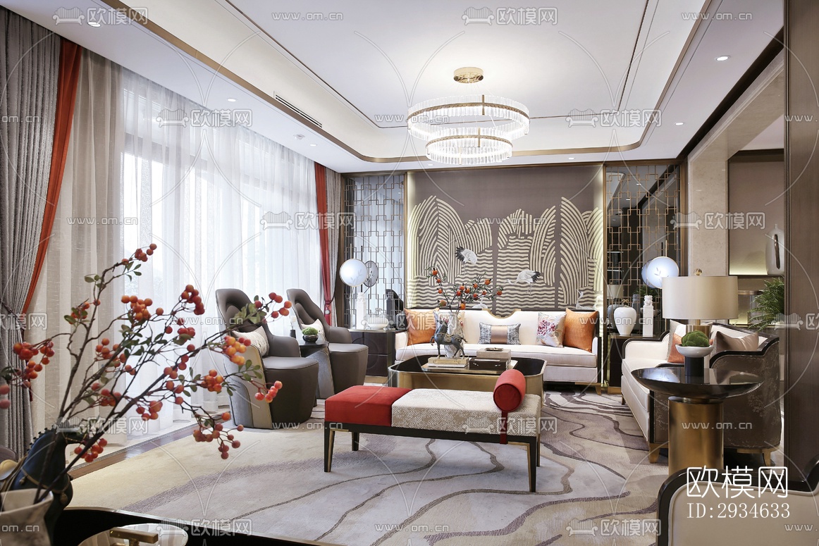 新中式平层效果图下载（渲染图2）