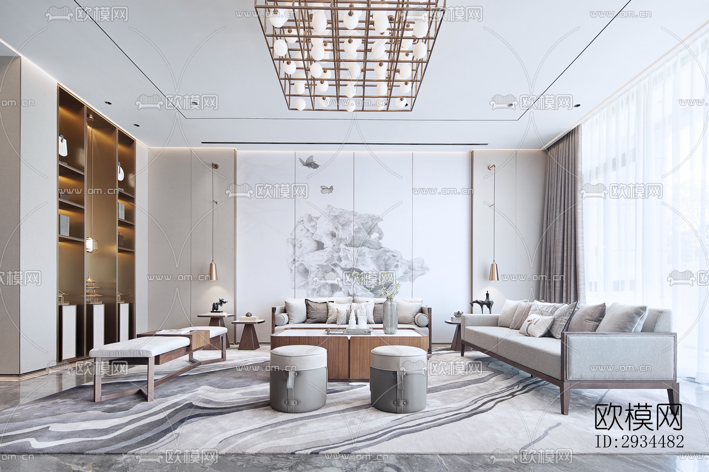 新中式平层效果图下载（渲染图11）