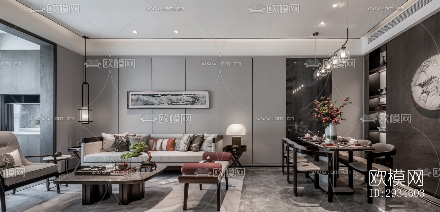 新中式平层效果图下载（渲染图3）