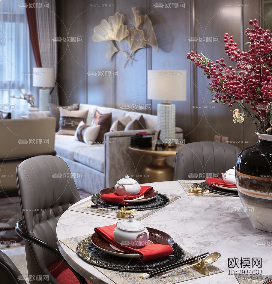 新中式平层效果图下载（渲染图8）