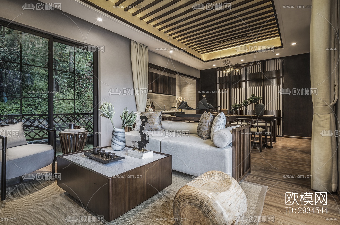 新中式平层效果图下载（渲染图8）