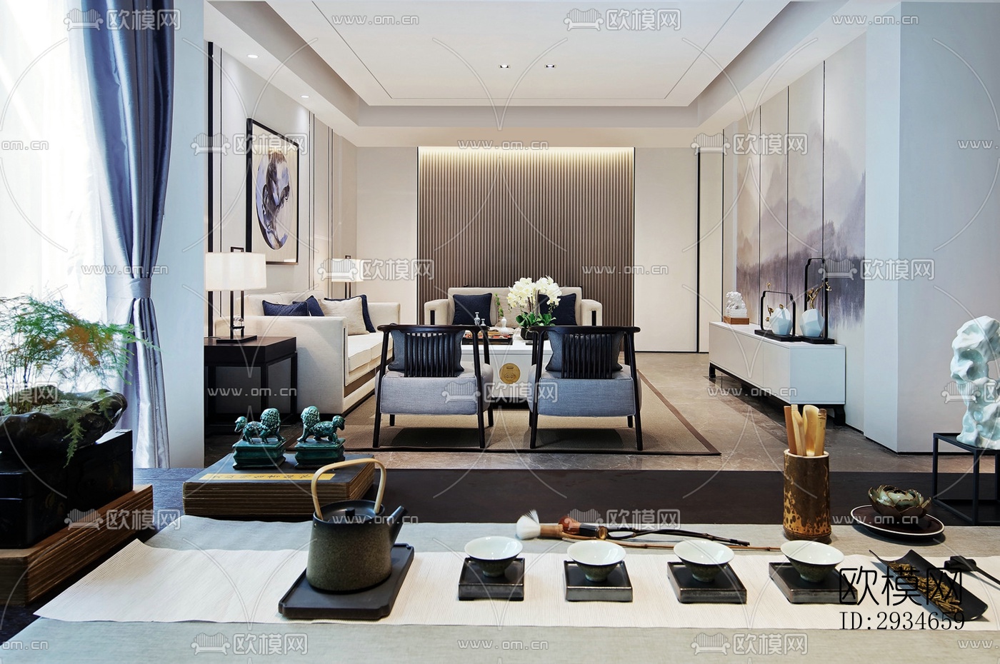 新中式平层效果图下载（渲染图6）