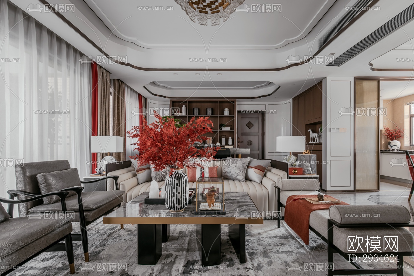 新中式平层效果图下载（渲染图8）