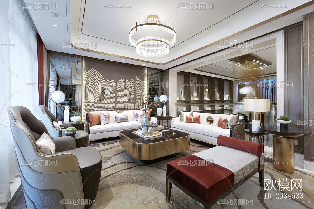 新中式平层效果图下载（渲染图3）