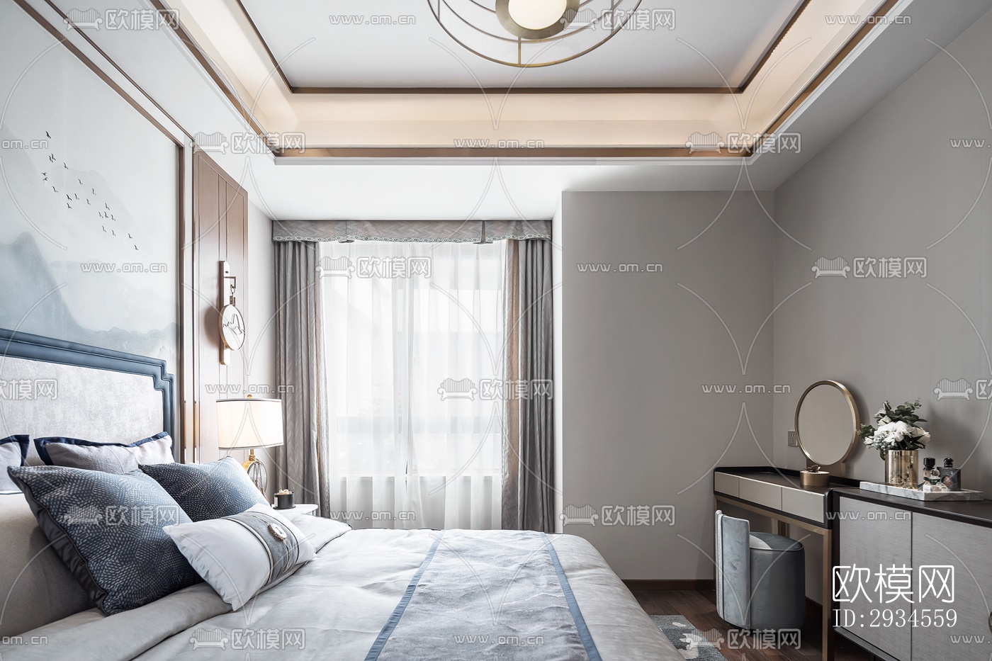 新中式平层效果图下载（渲染图2）