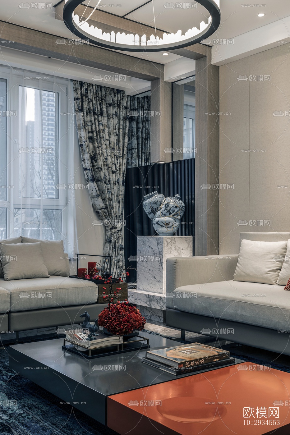 新中式平层效果图下载（渲染图4）