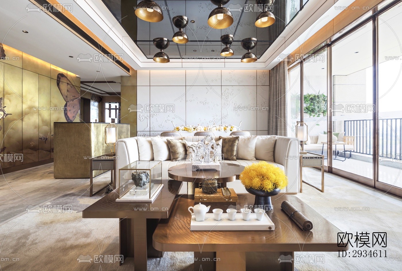 新中式平层效果图下载（渲染图2）