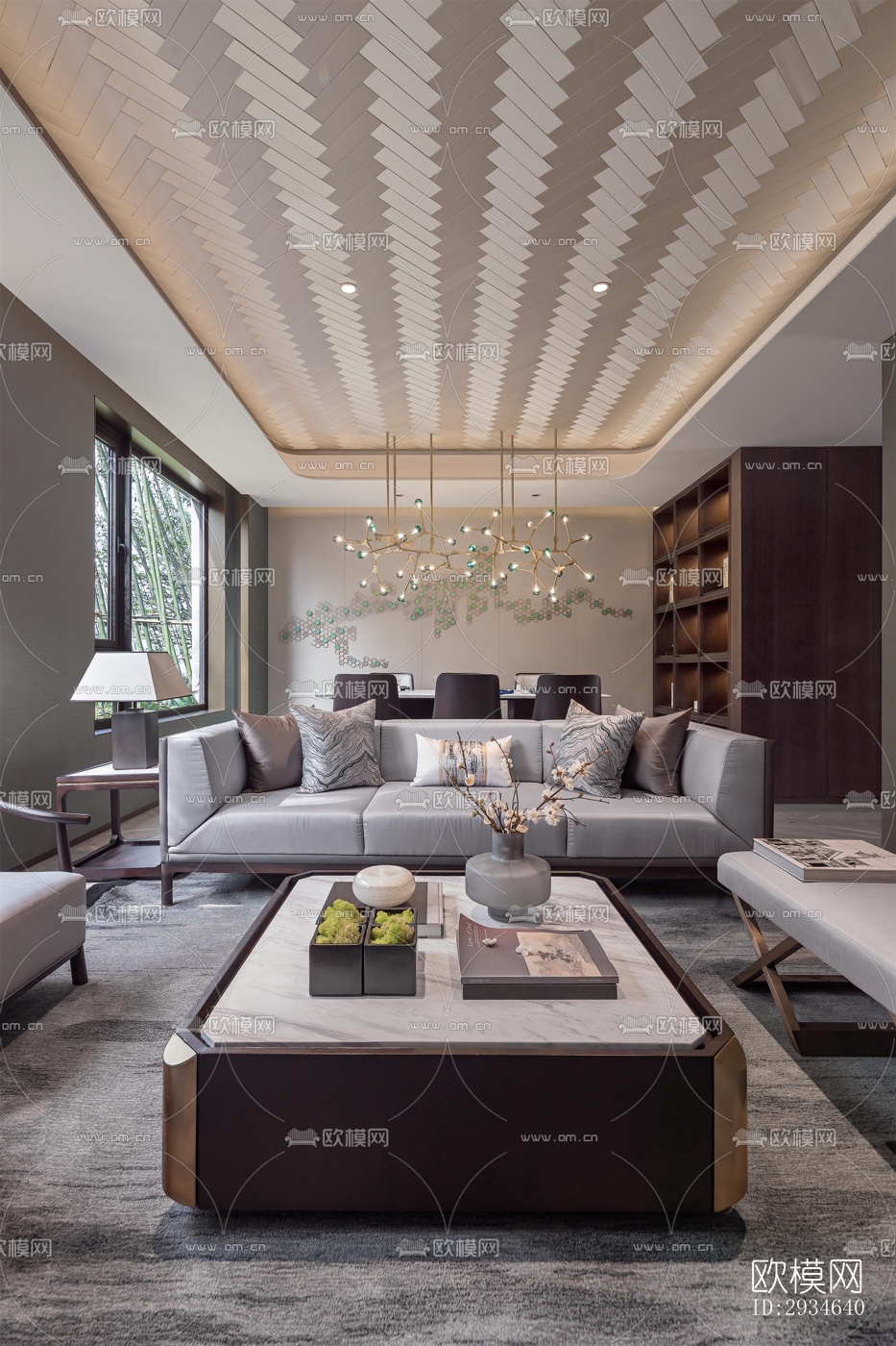 新中式平层效果图下载（渲染图1）