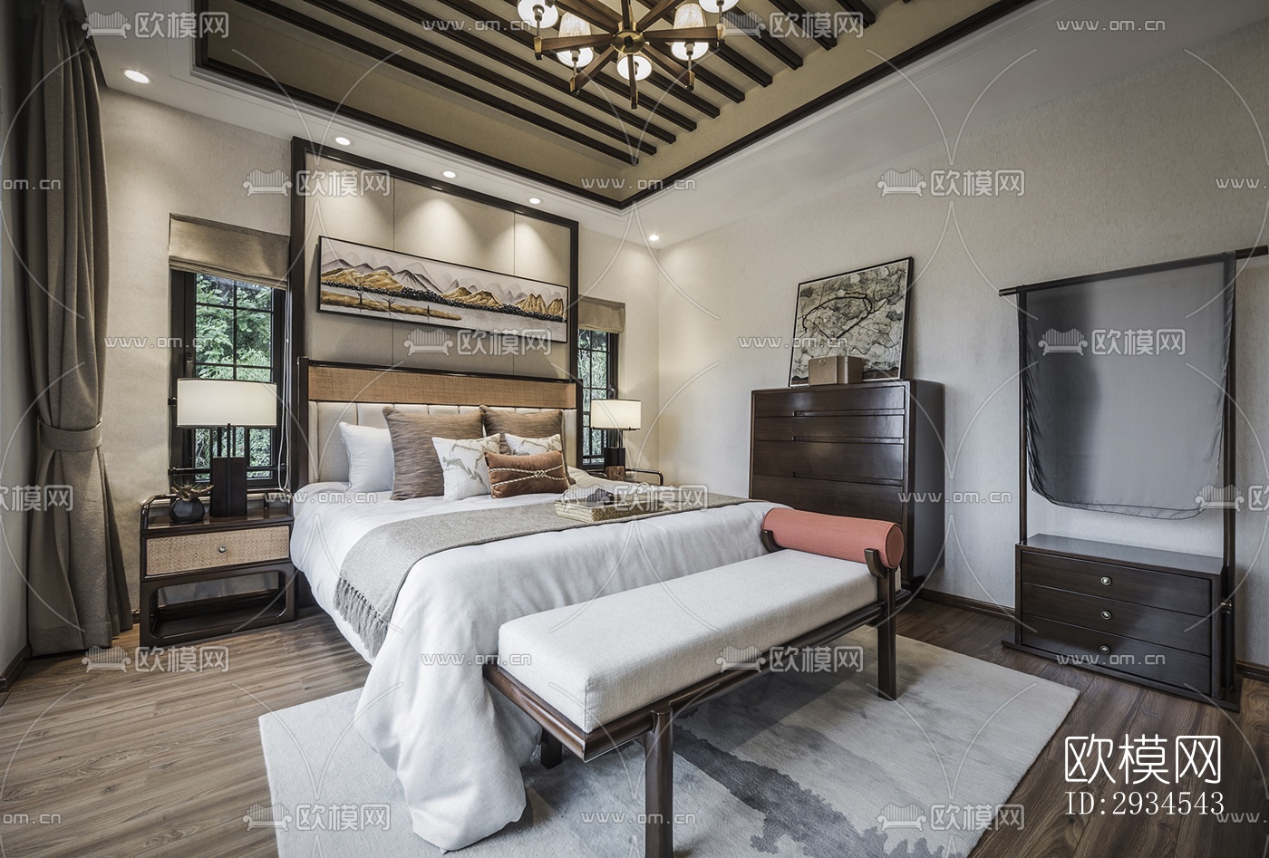 新中式平层效果图下载（渲染图1）