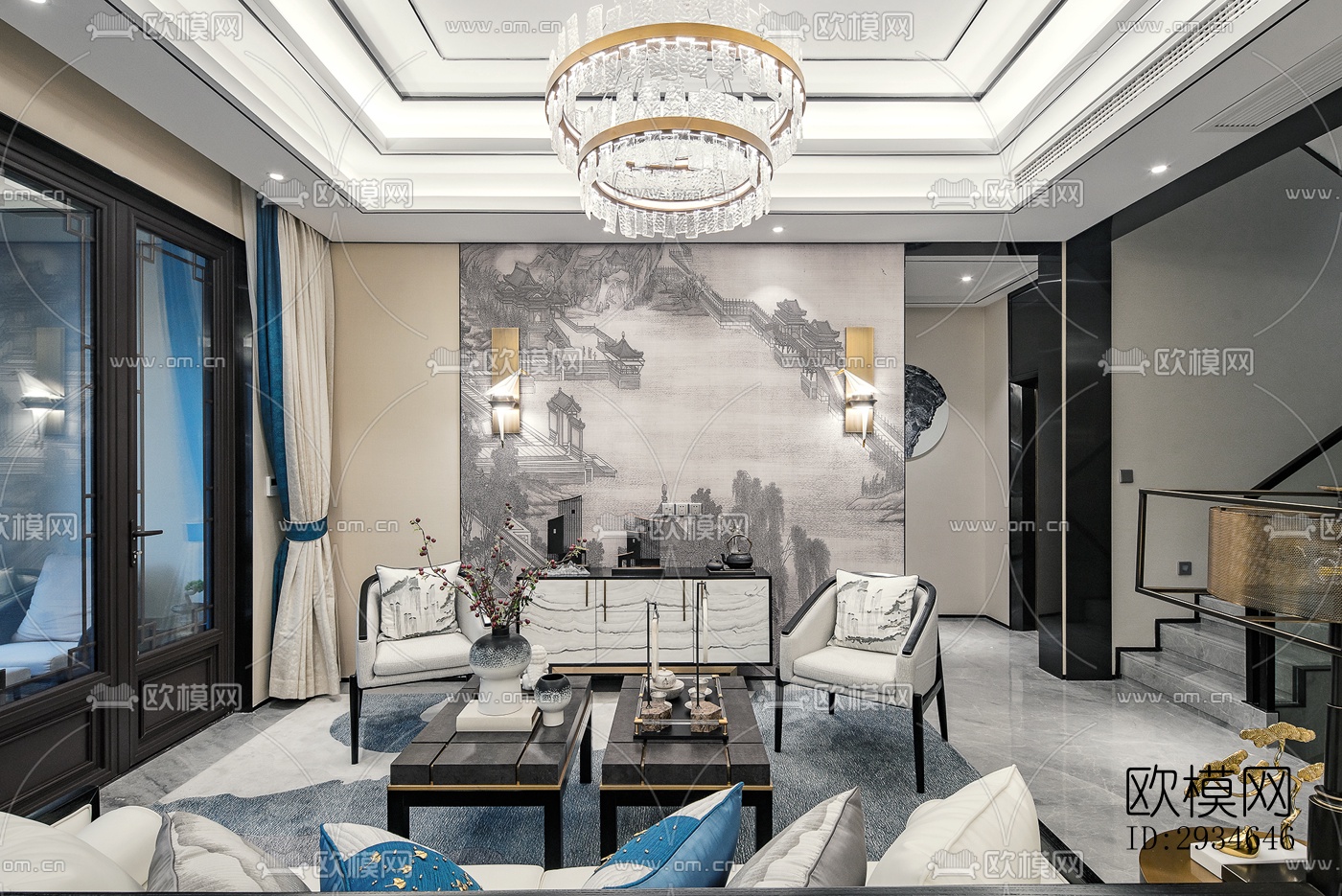 新中式平层效果图下载（渲染图15）