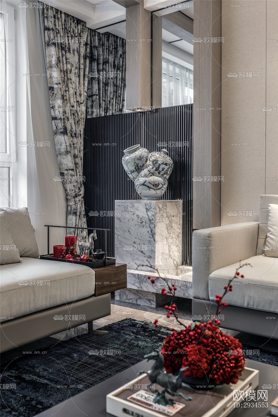 新中式平层效果图下载（渲染图19）