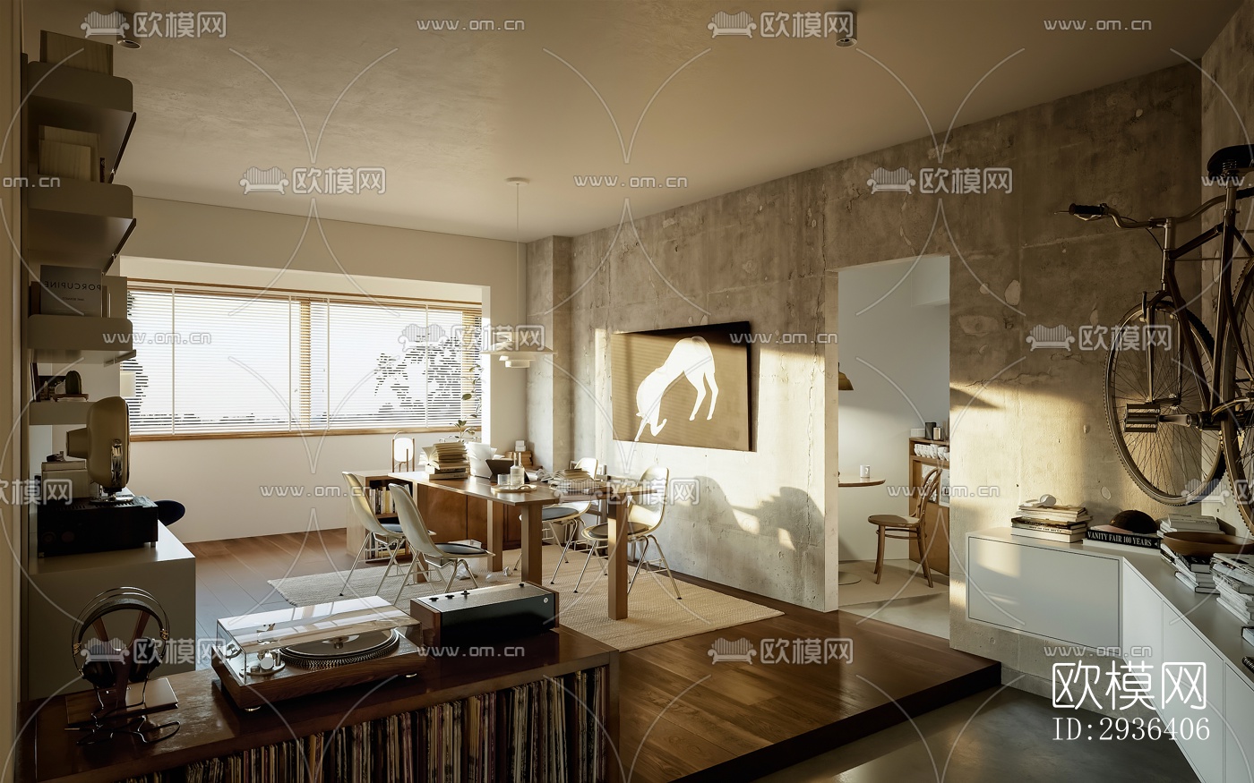 中古风办公区效果图下载（渲染图1）