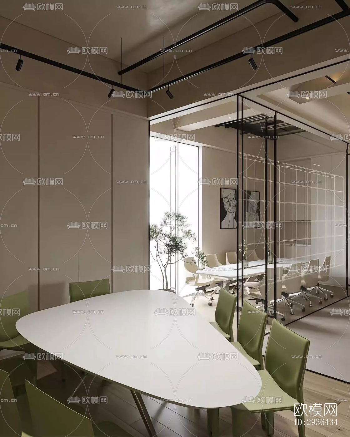 奶油风办公区效果图下载（渲染图6）