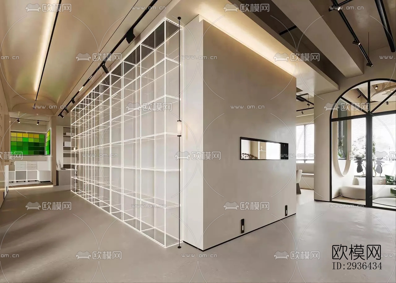 奶油风办公区效果图下载（渲染图7）