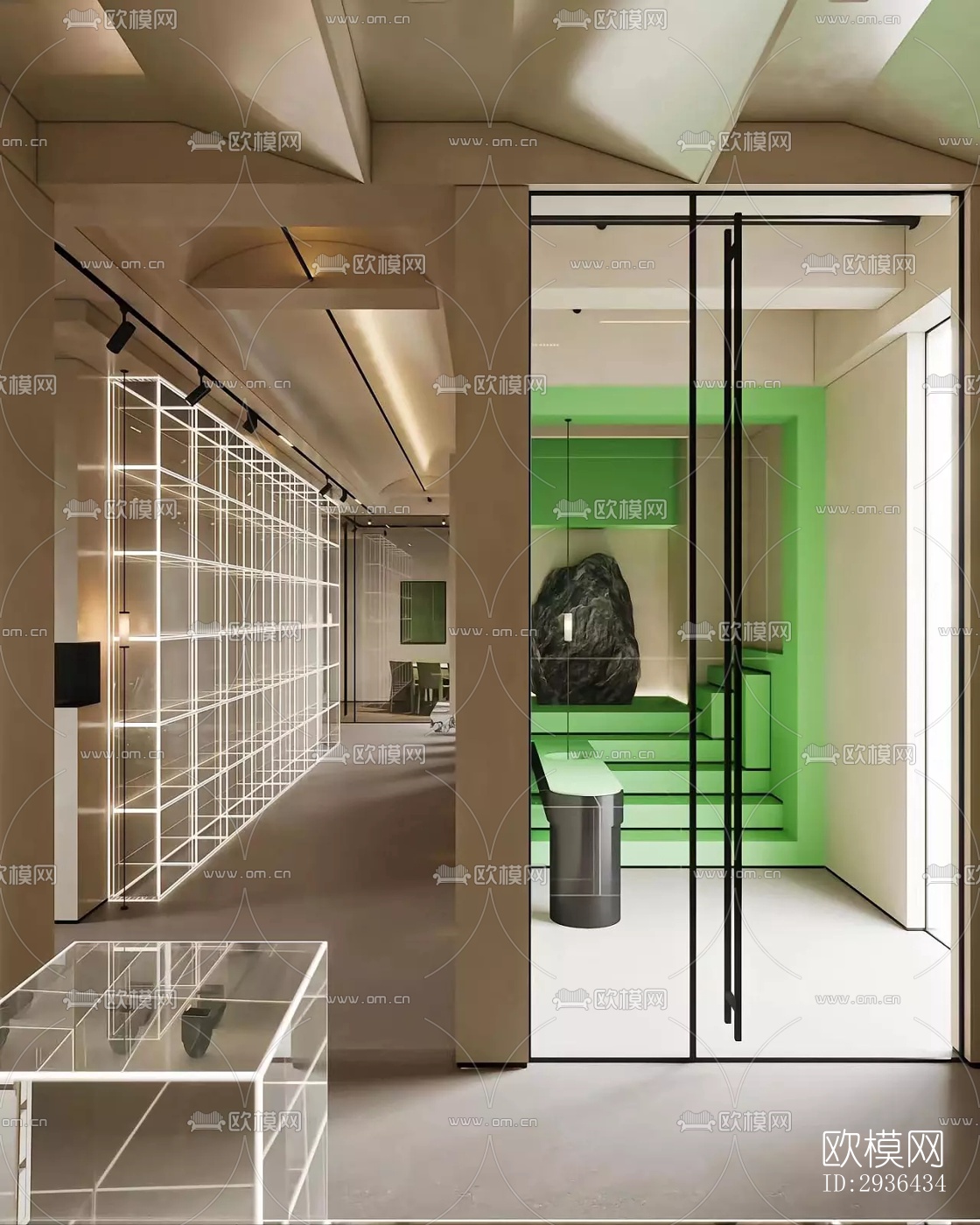 奶油风办公区效果图下载（渲染图9）