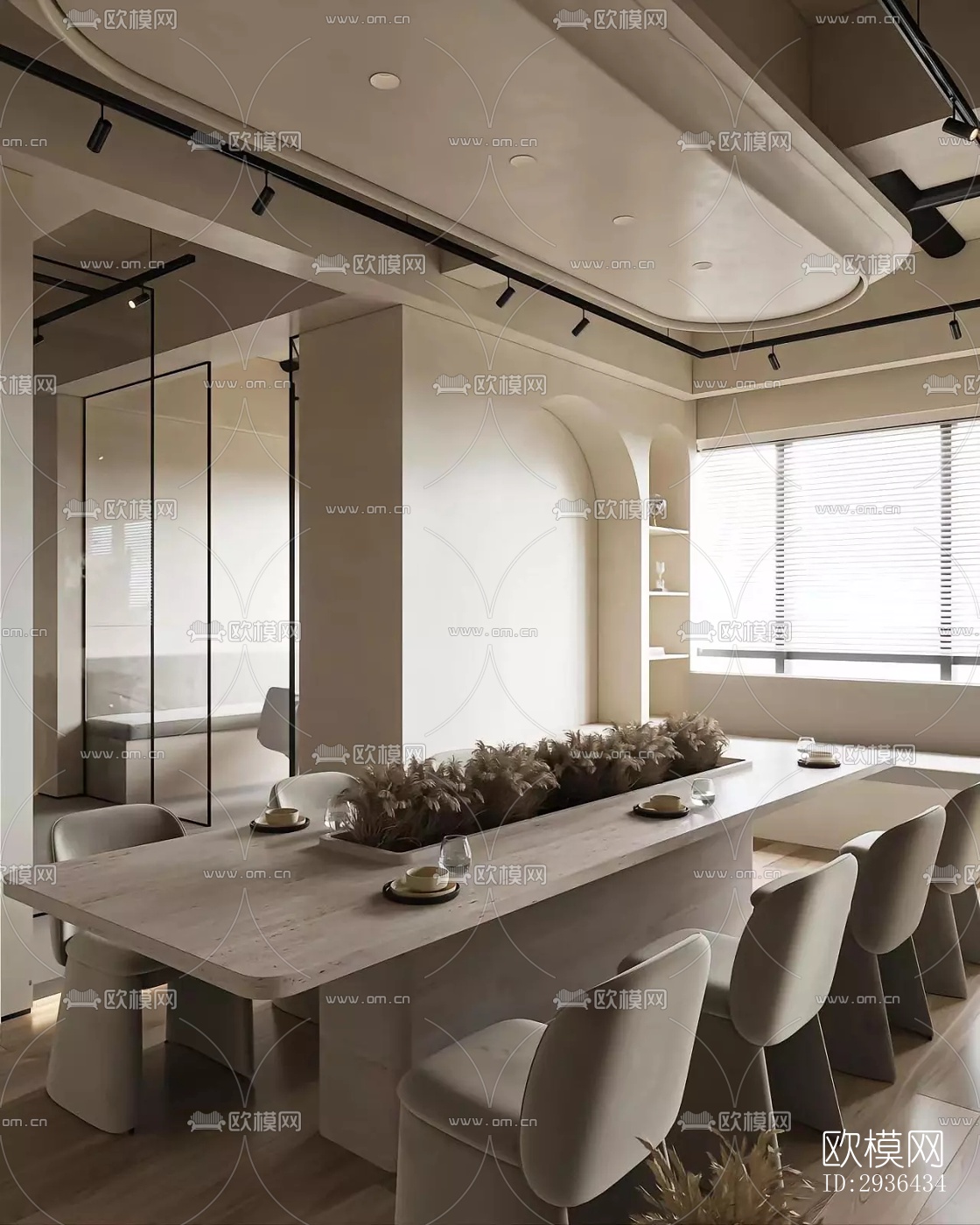 奶油风办公区效果图下载（渲染图2）