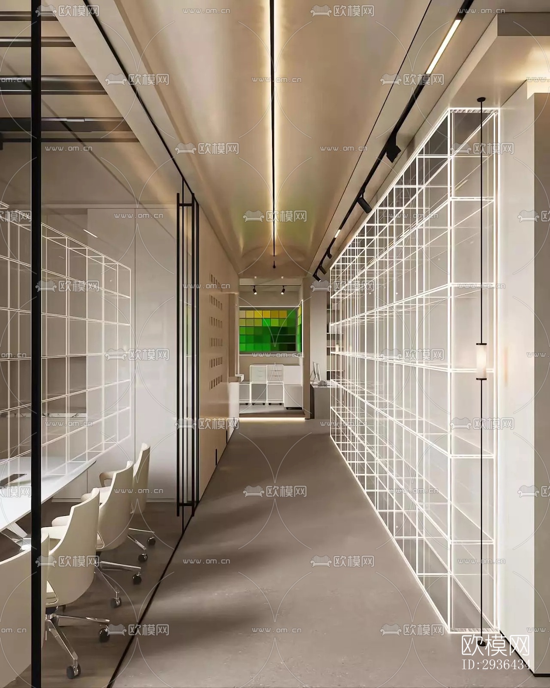 奶油风办公区效果图下载（渲染图1）