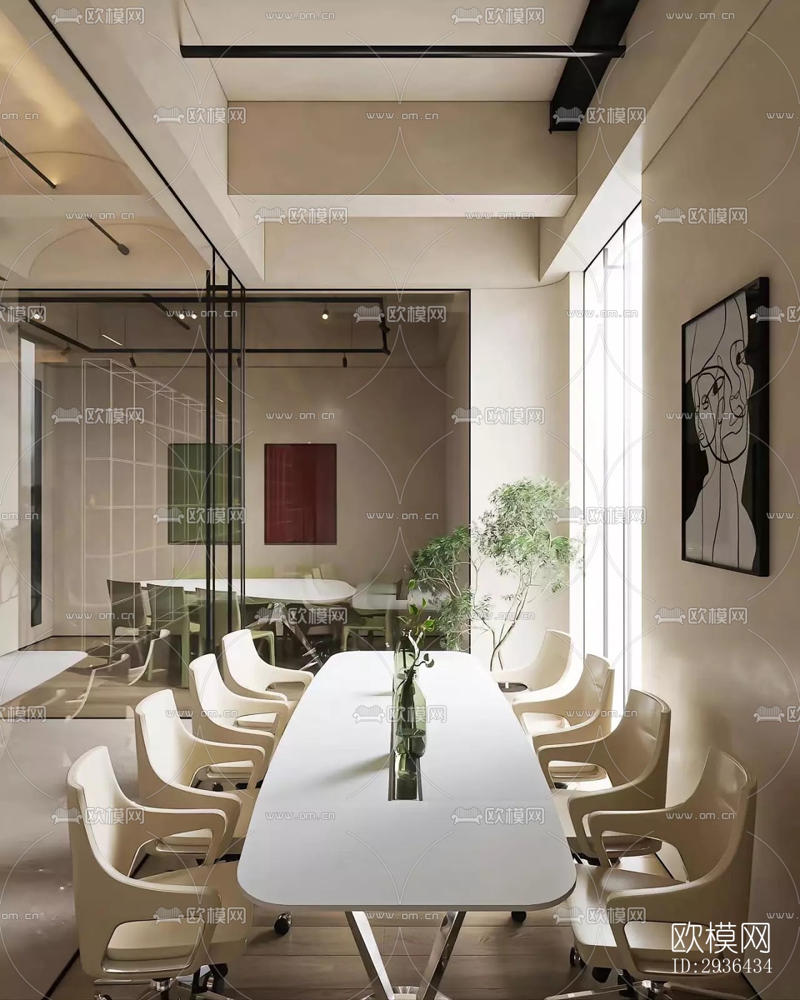 奶油风办公区效果图下载（渲染图8）