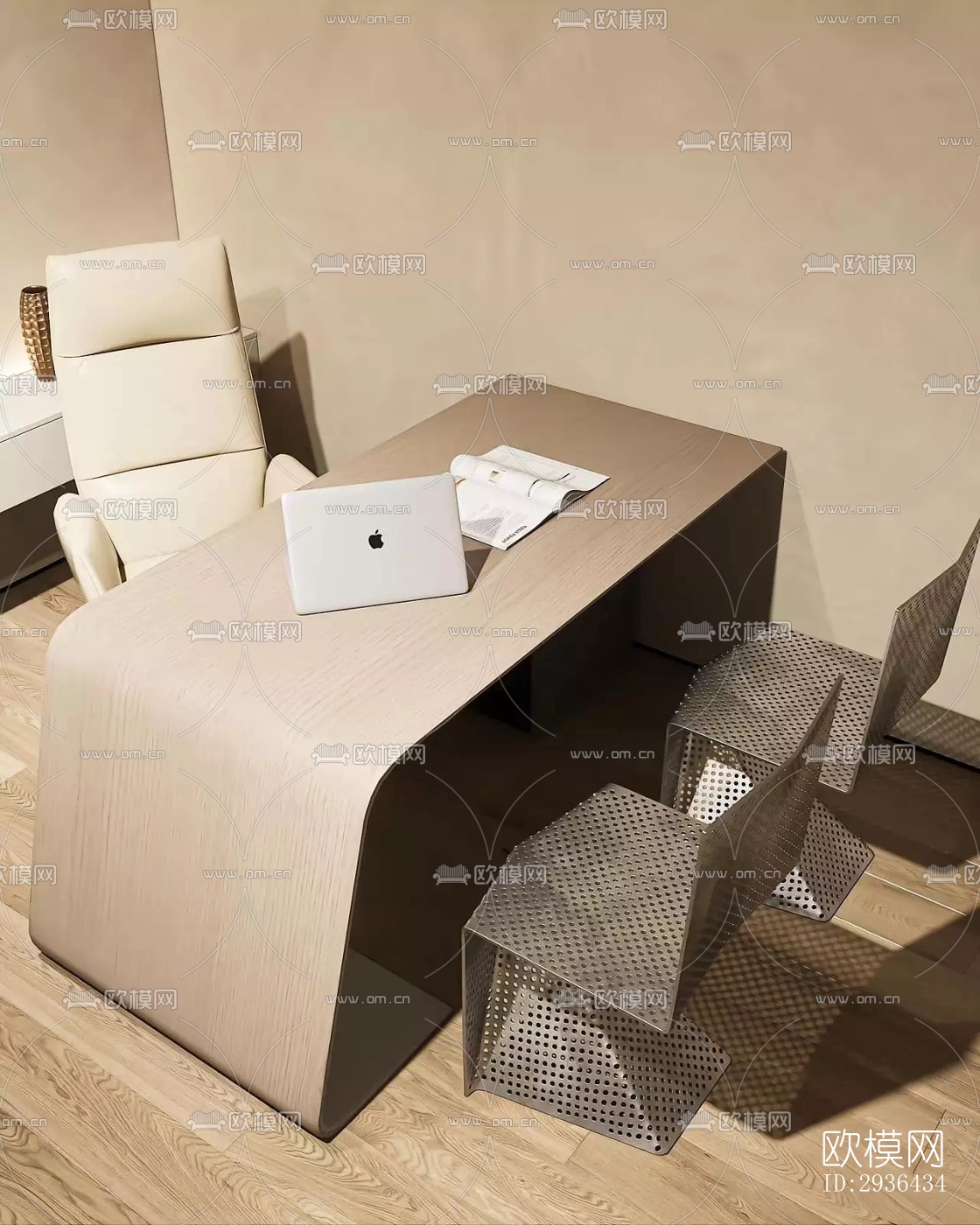 奶油风办公区效果图下载（渲染图11）