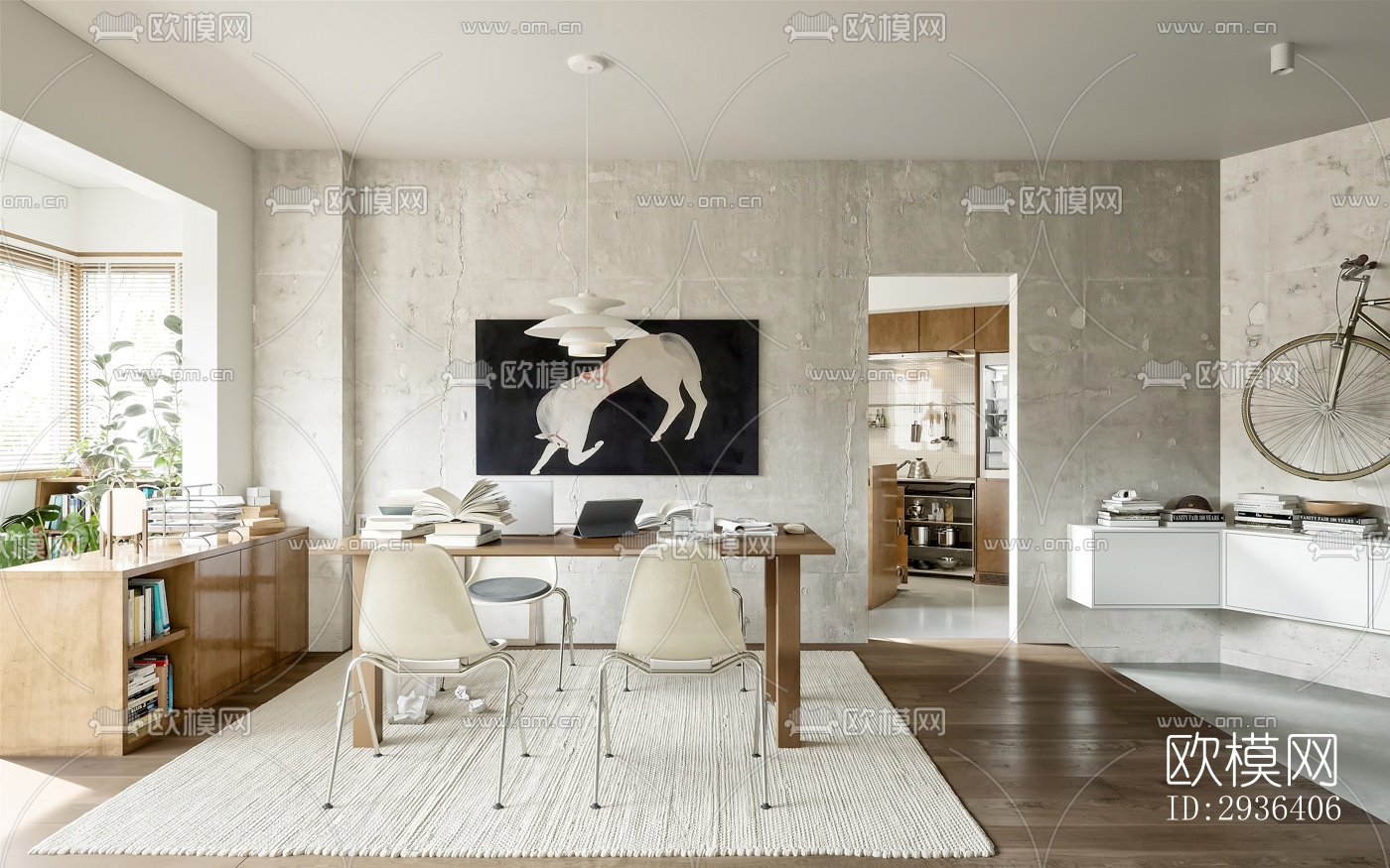 中古风办公区效果图下载（渲染图2）