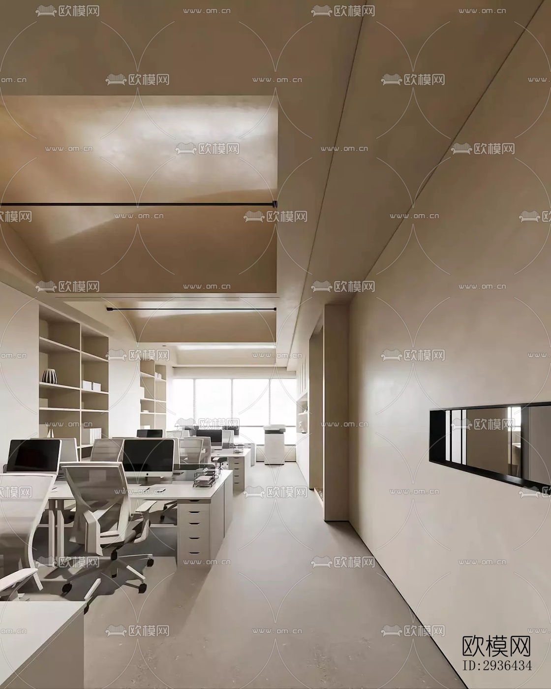 奶油风办公区效果图下载（渲染图10）