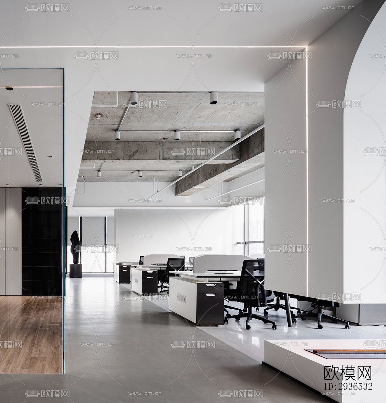 高级灰办公区效果图下载（渲染图1）