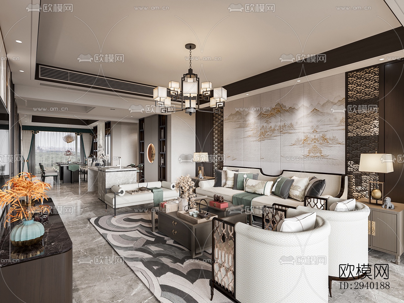 新中式平层效果图下载（渲染图6）