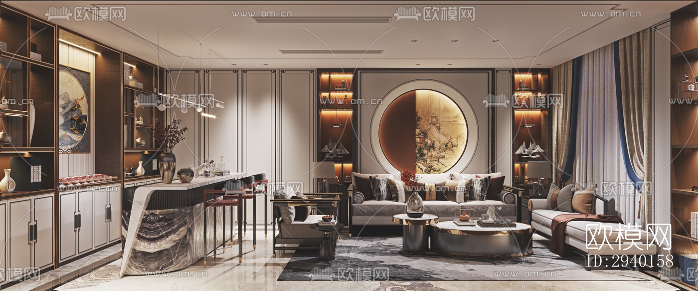 新中式平层效果图下载（渲染图9）