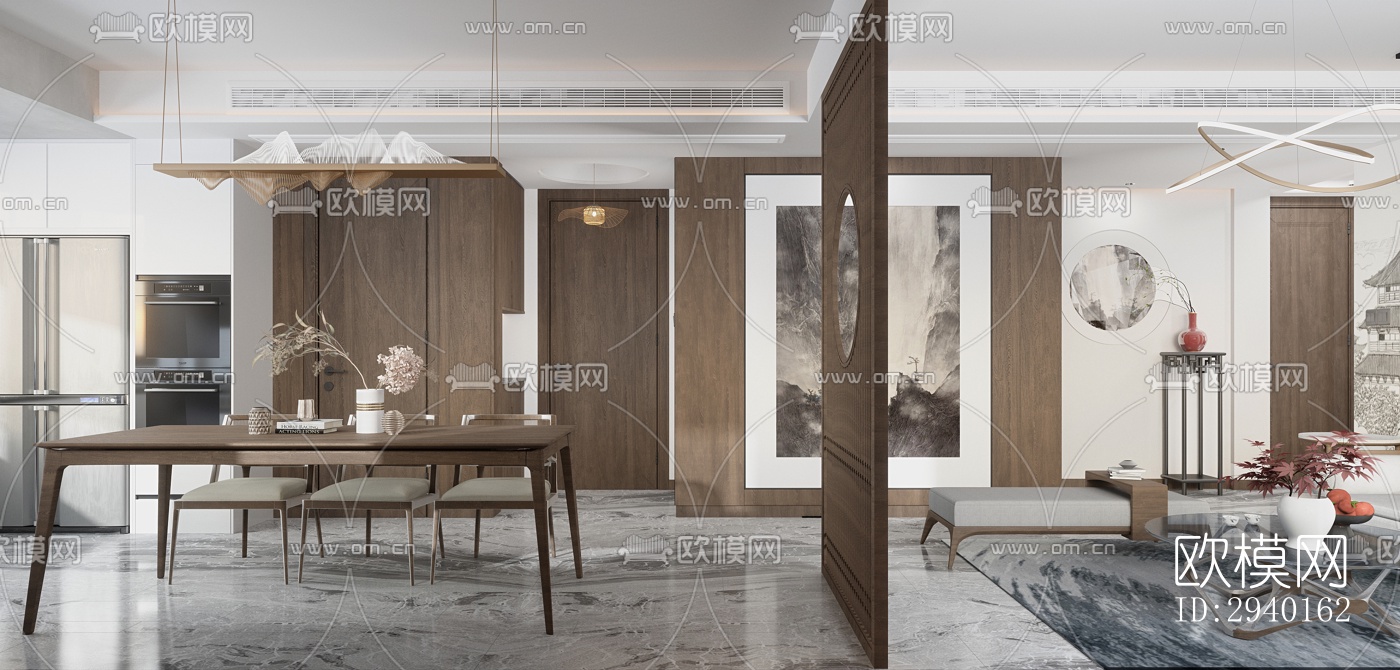 新中式平层效果图下载（渲染图2）