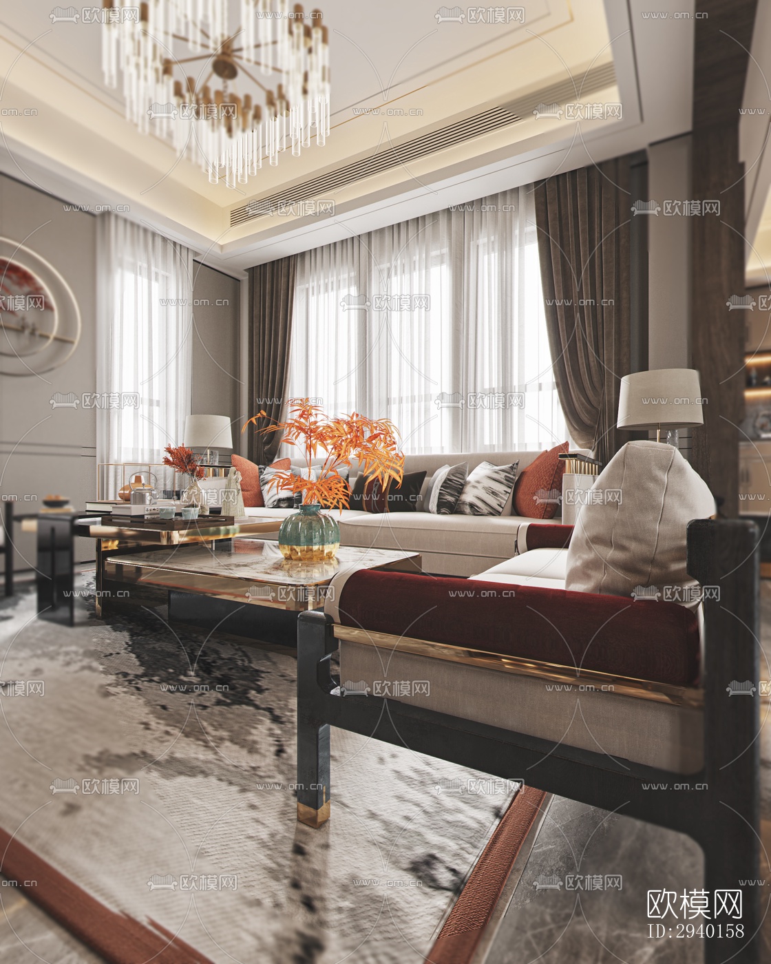 新中式平层效果图下载（渲染图4）