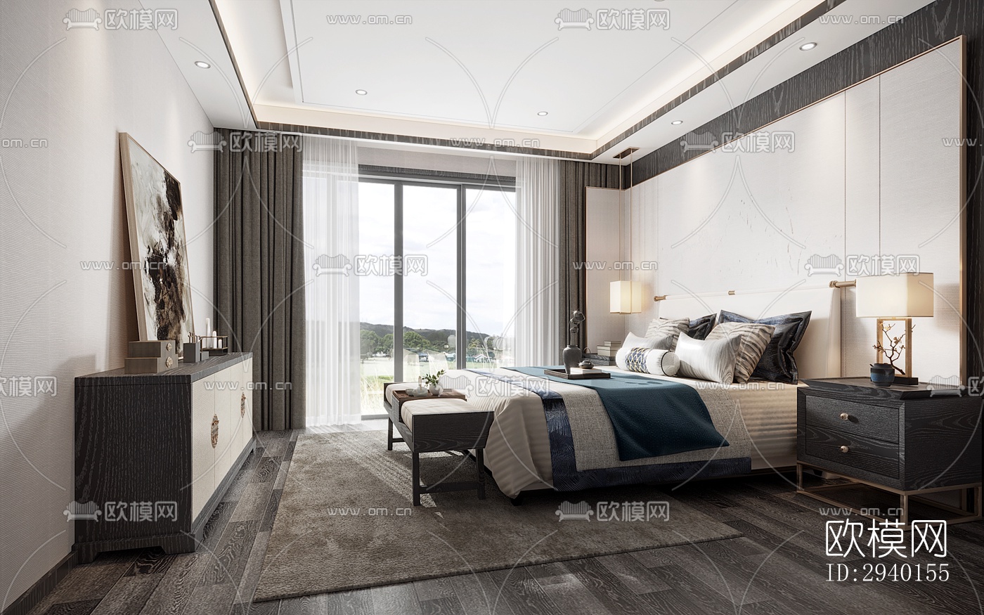 新中式平层效果图下载（渲染图1）