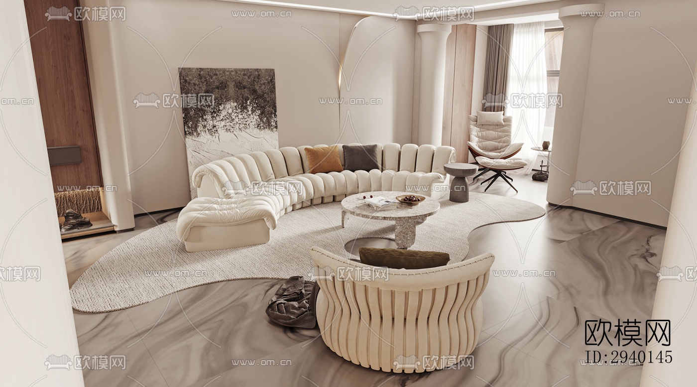 奶油风平层效果图下载（渲染图6）