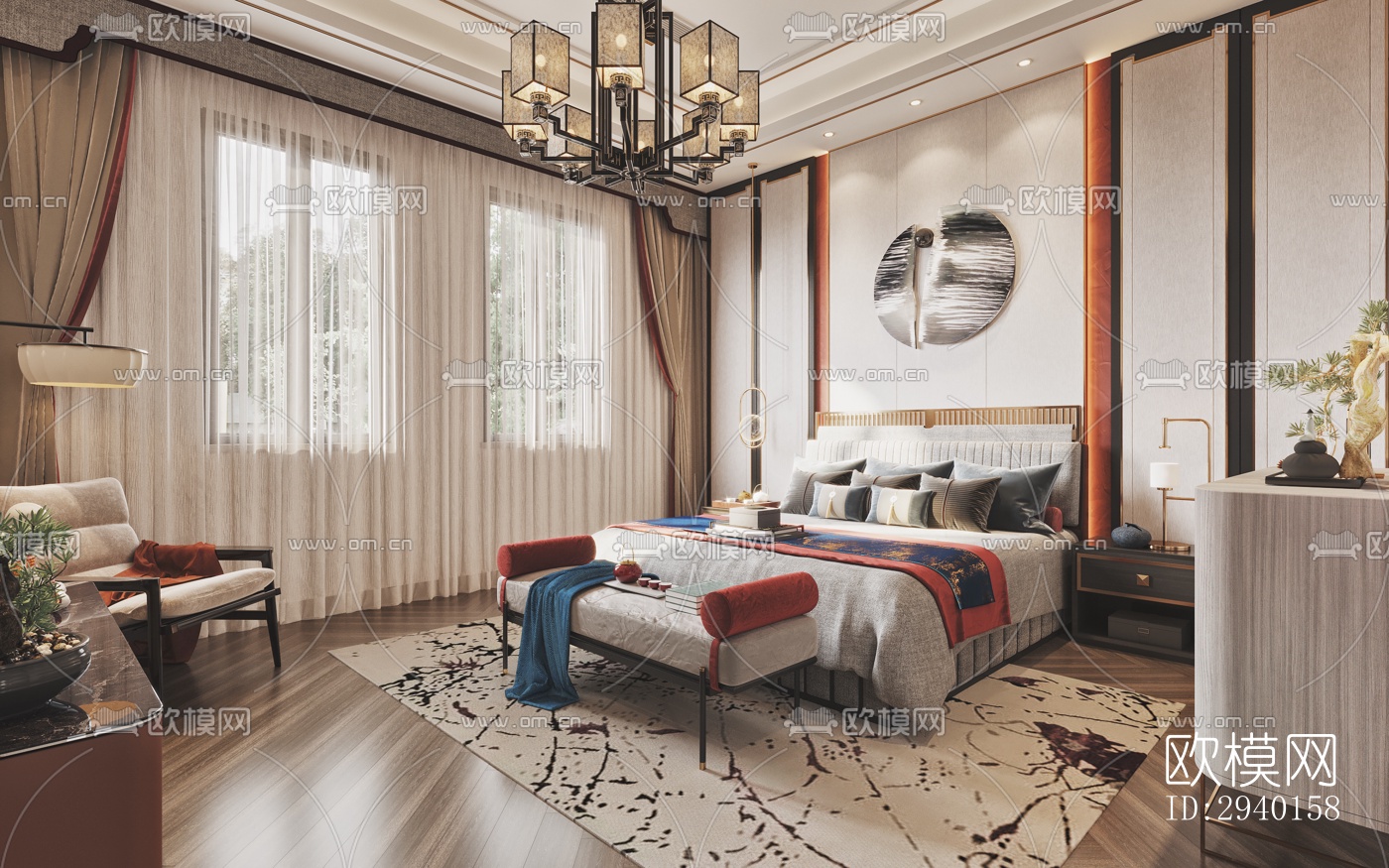 新中式平层效果图下载（渲染图1）