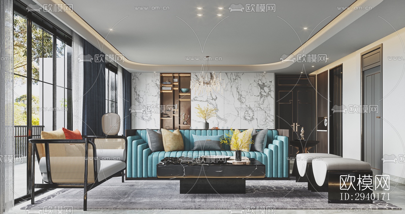 新中式平层效果图下载（渲染图1）