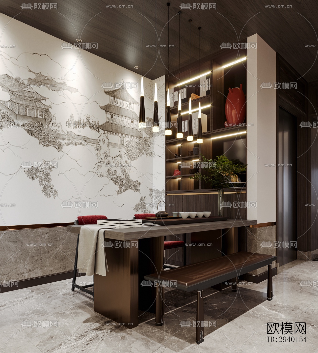 新中式平层效果图下载（渲染图15）