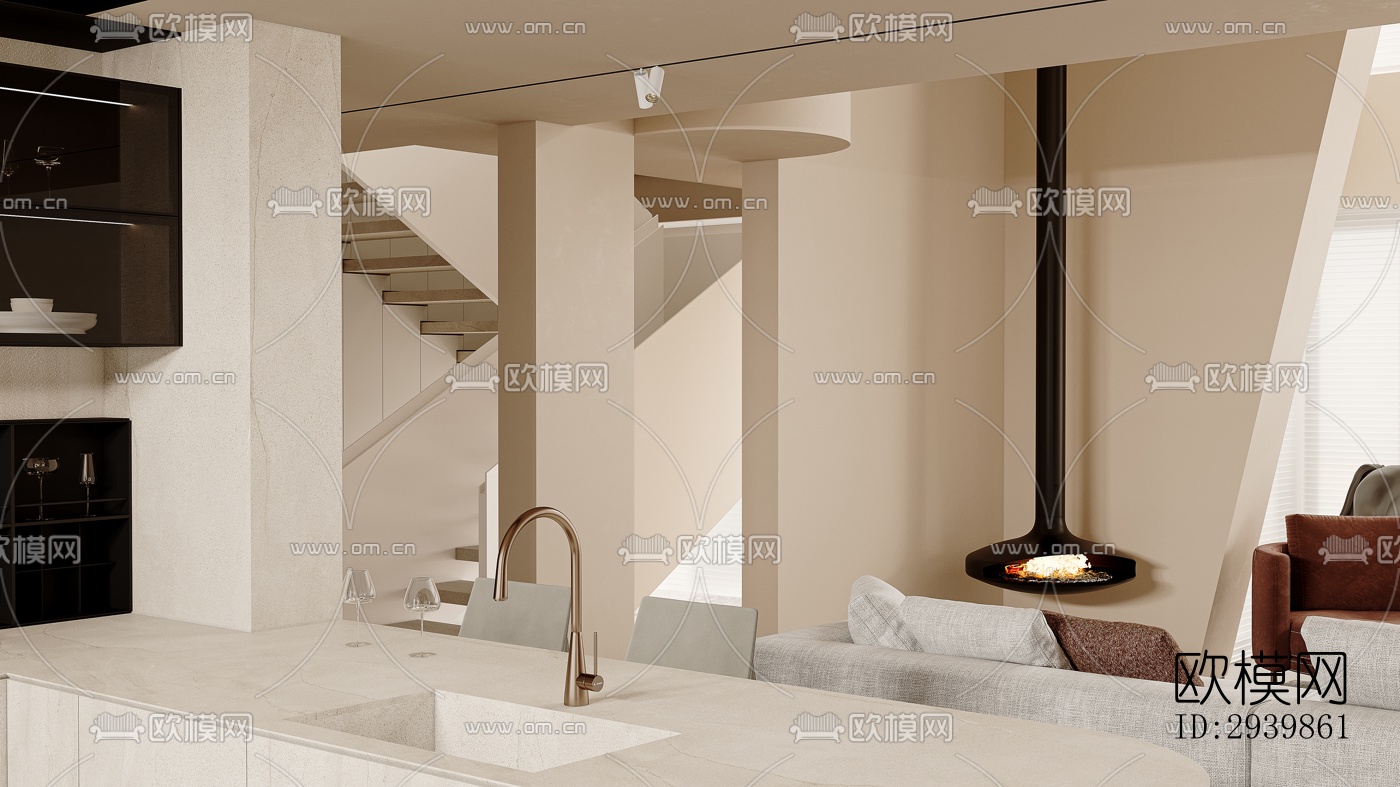 奶油风别墅效果图下载（渲染图2）