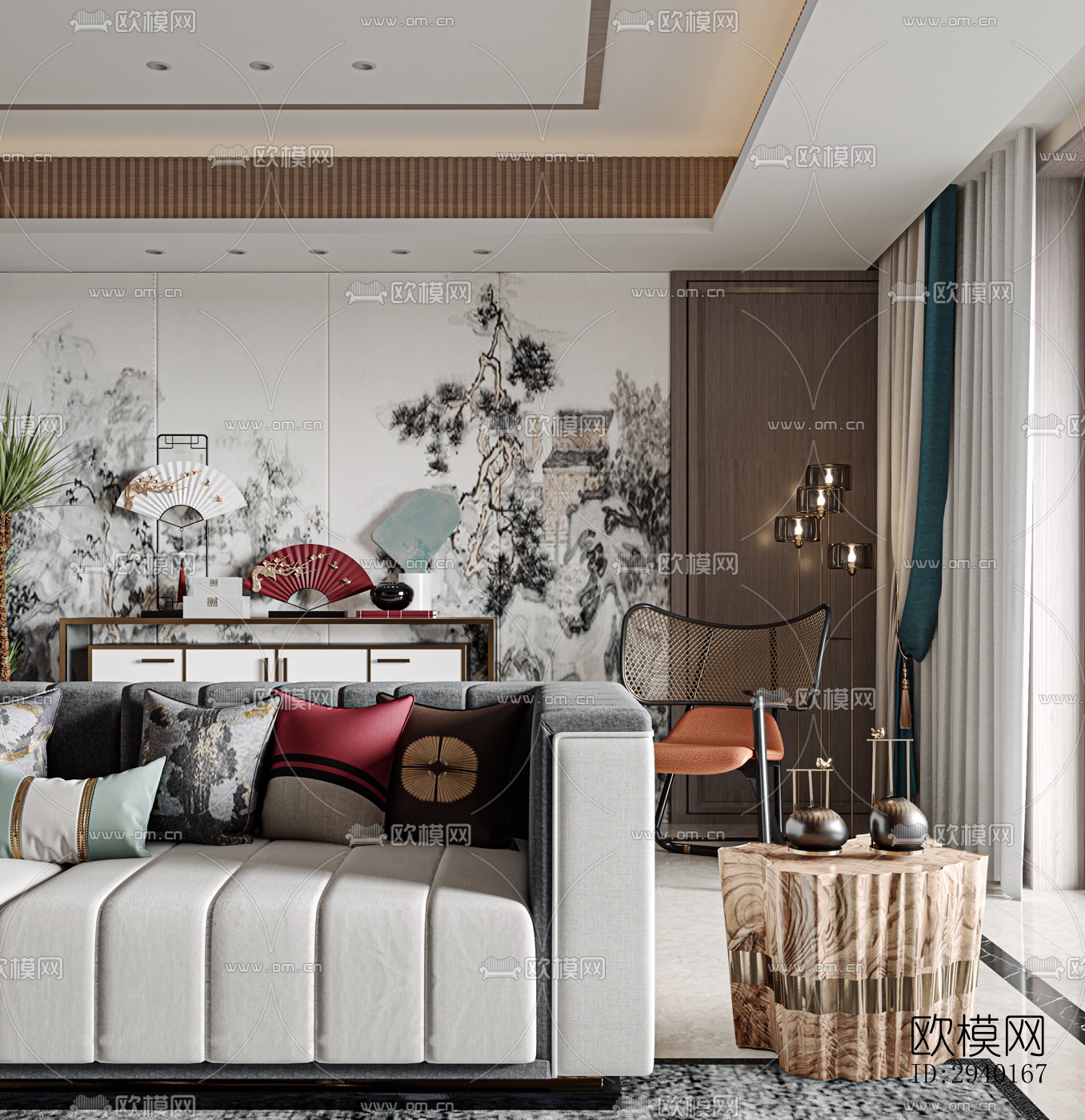 新中式平层效果图下载（渲染图7）