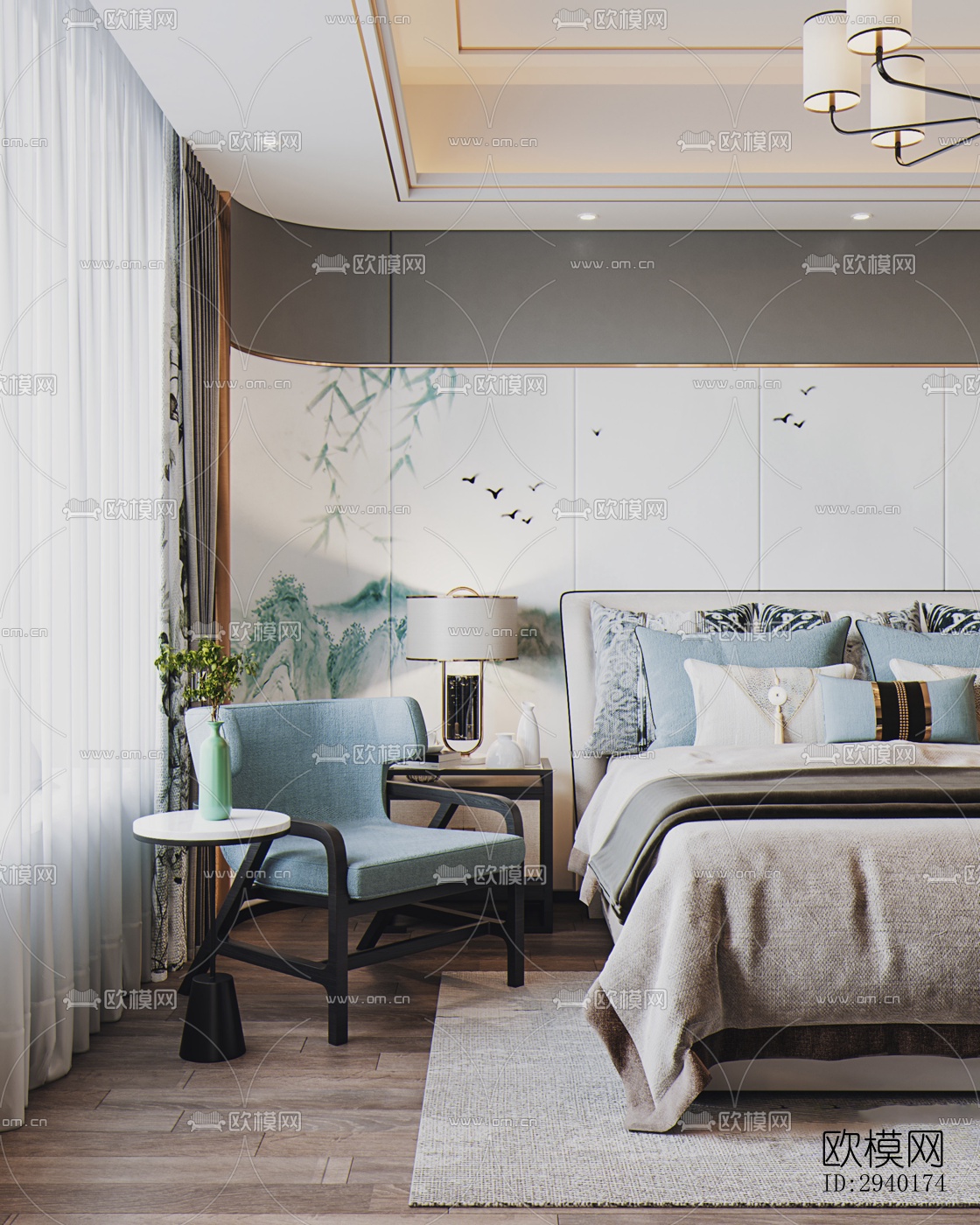 新中式平层效果图下载（渲染图2）