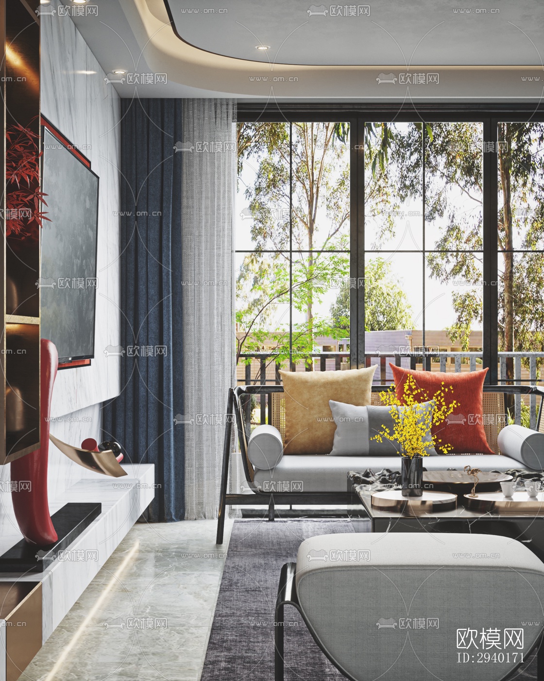 新中式平层效果图下载（渲染图2）