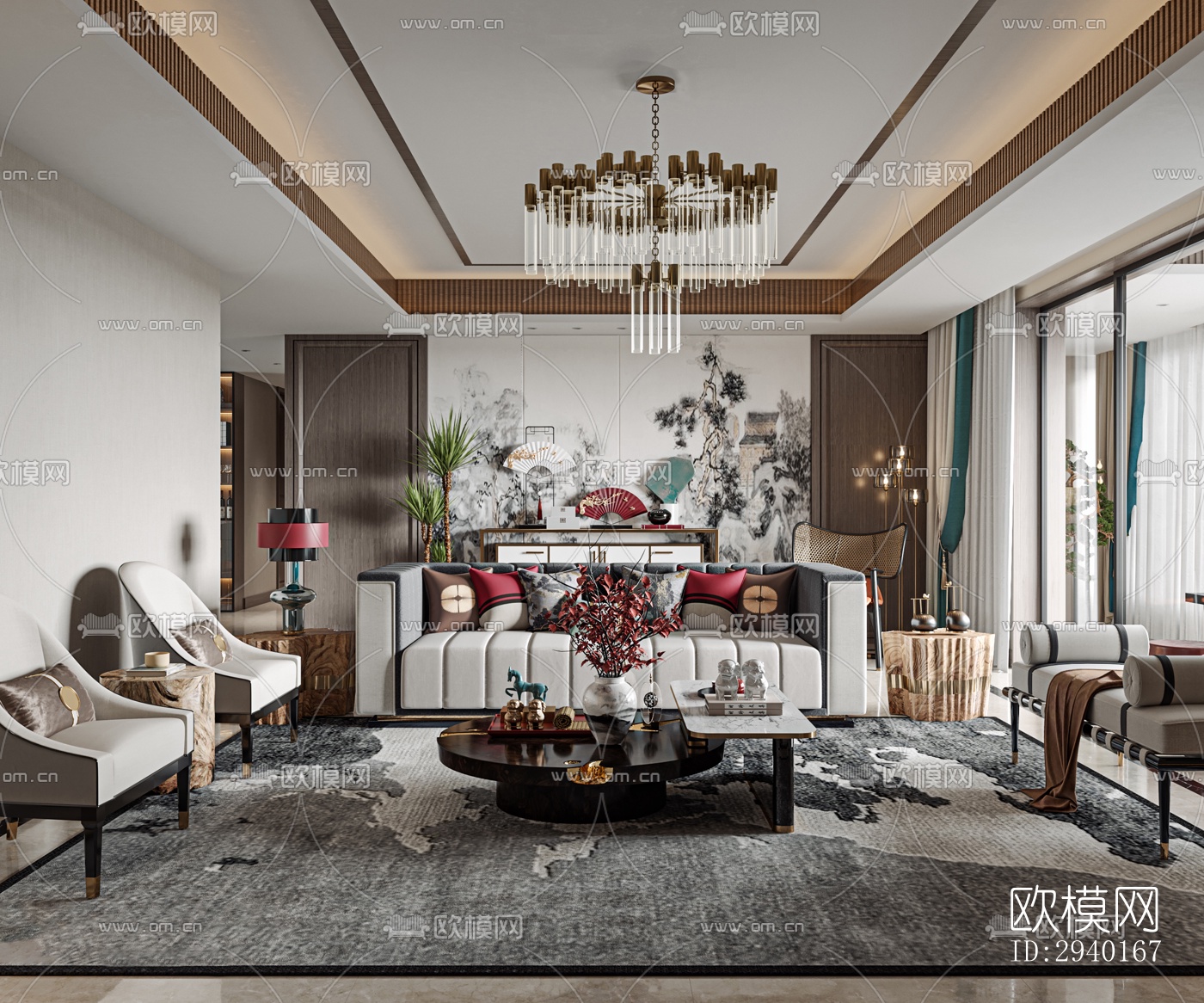 新中式平层效果图下载（渲染图8）