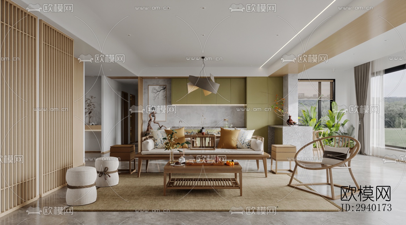 新中式平层效果图下载（渲染图4）