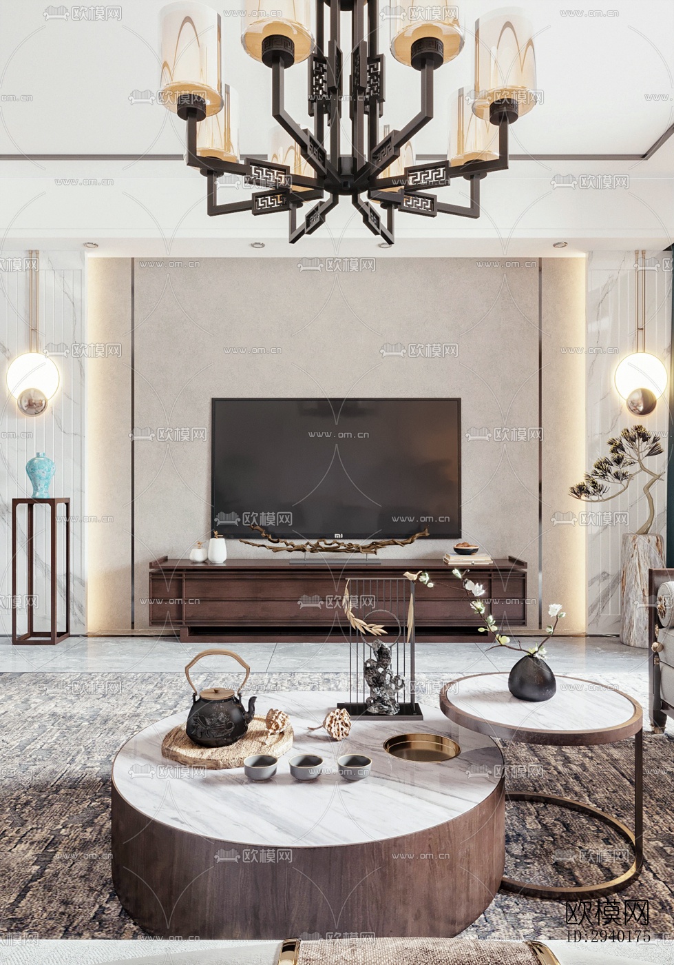 新中式平层效果图下载（渲染图4）