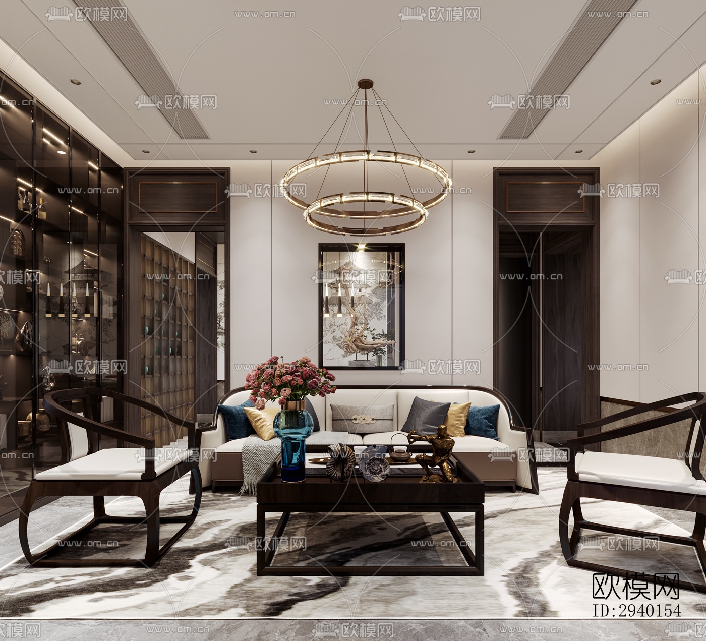 新中式平层效果图下载（渲染图1）