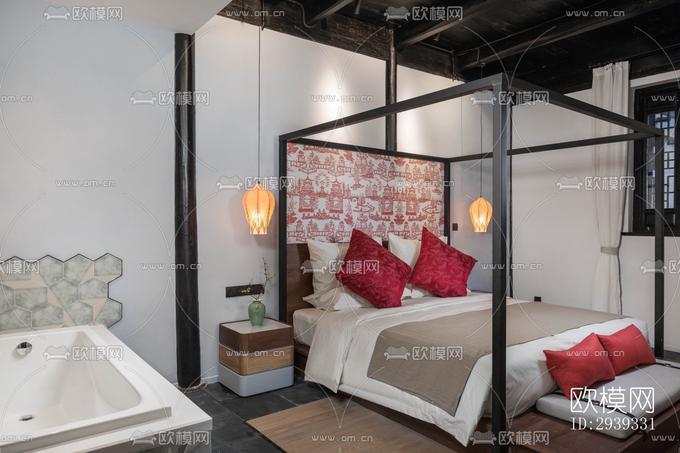 新中式酒店民宿效果图下载（渲染图16）