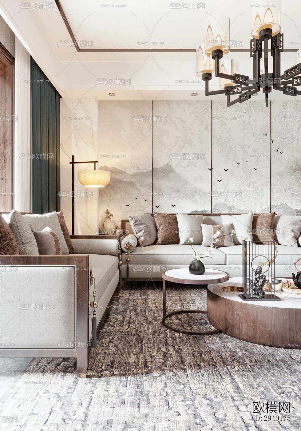 新中式平层效果图下载（渲染图3）