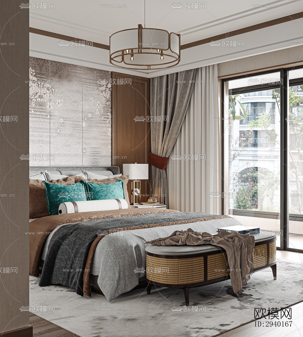 新中式平层效果图下载（渲染图9）